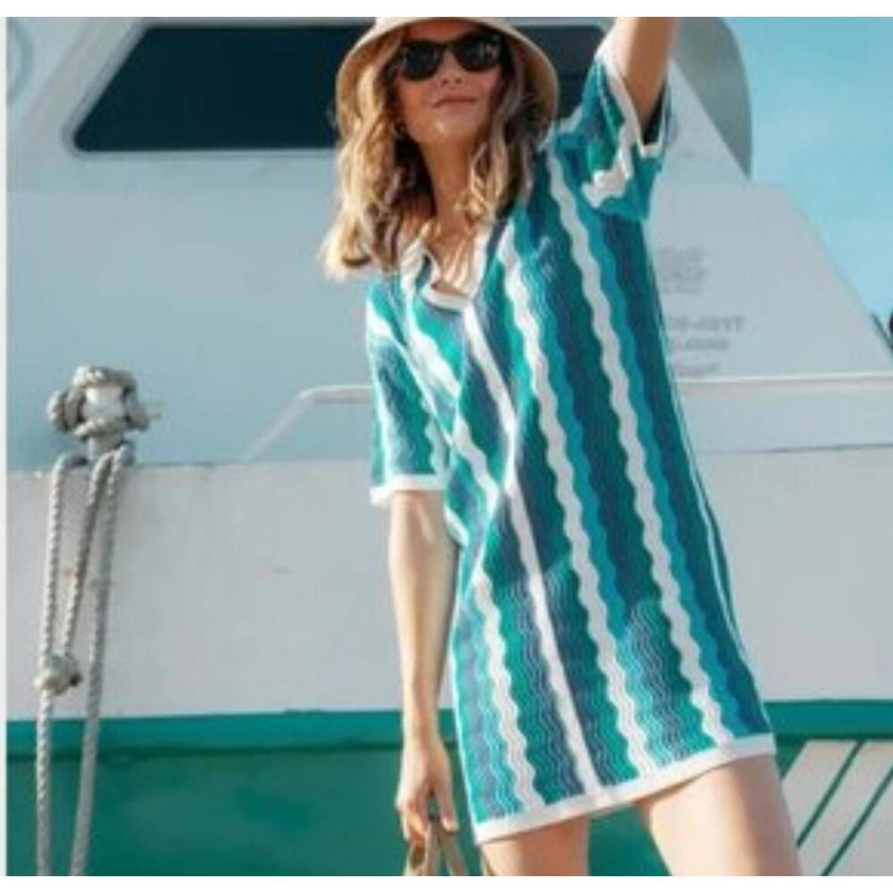 HYACINTH HOUSE Tuckernuck blue green knit short sleeve mini dress sz L